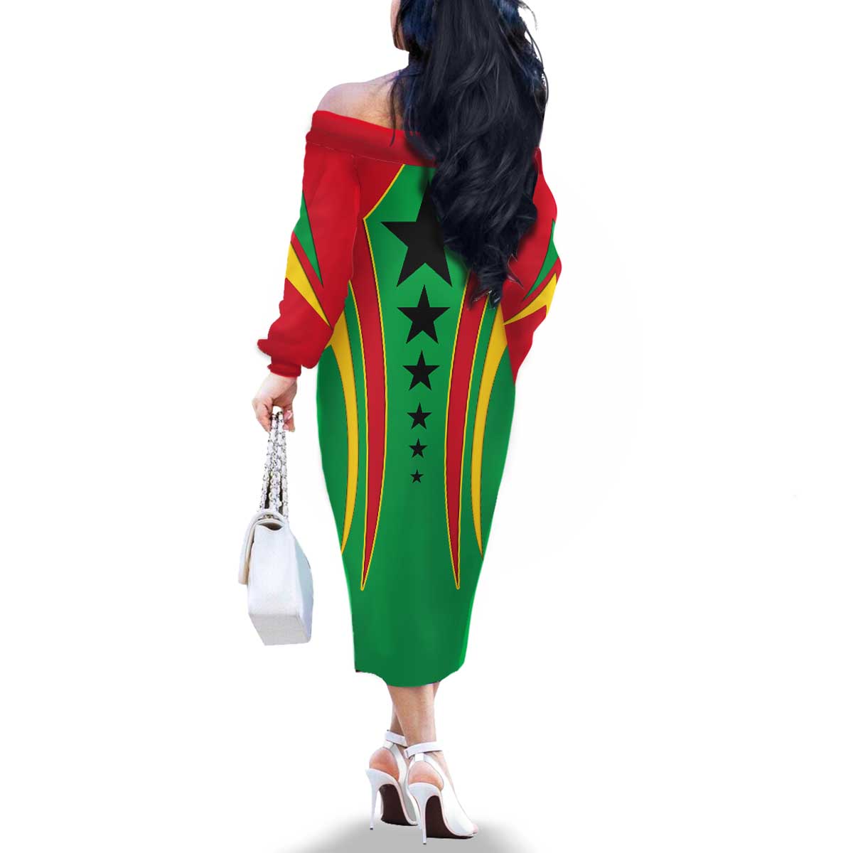 Guinea Bissau Family Matching Off The Shoulder Long Sleeve Dress and Hawaiian Shirt with Red Green Yellow Stripe Design and Black Star - Wonder Print Shop