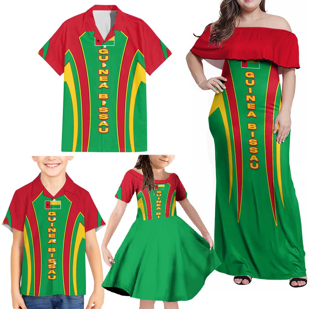 Guinea Bissau Family Matching Off Shoulder Maxi Dress and Hawaiian Shirt with Red Green Yellow Stripe Design and Black Star - Wonder Print Shop