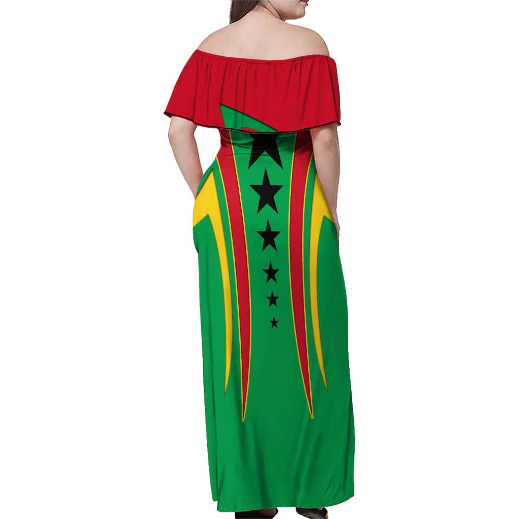 Guinea Bissau Family Matching Off Shoulder Maxi Dress and Hawaiian Shirt with Red Green Yellow Stripe Design and Black Star - Wonder Print Shop