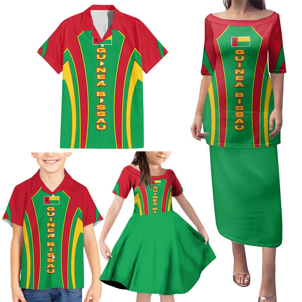 Guinea Bissau Family Matching Puletasi and Hawaiian Shirt with Red Green Yellow Stripe Design and Black Star - Wonder Print Shop