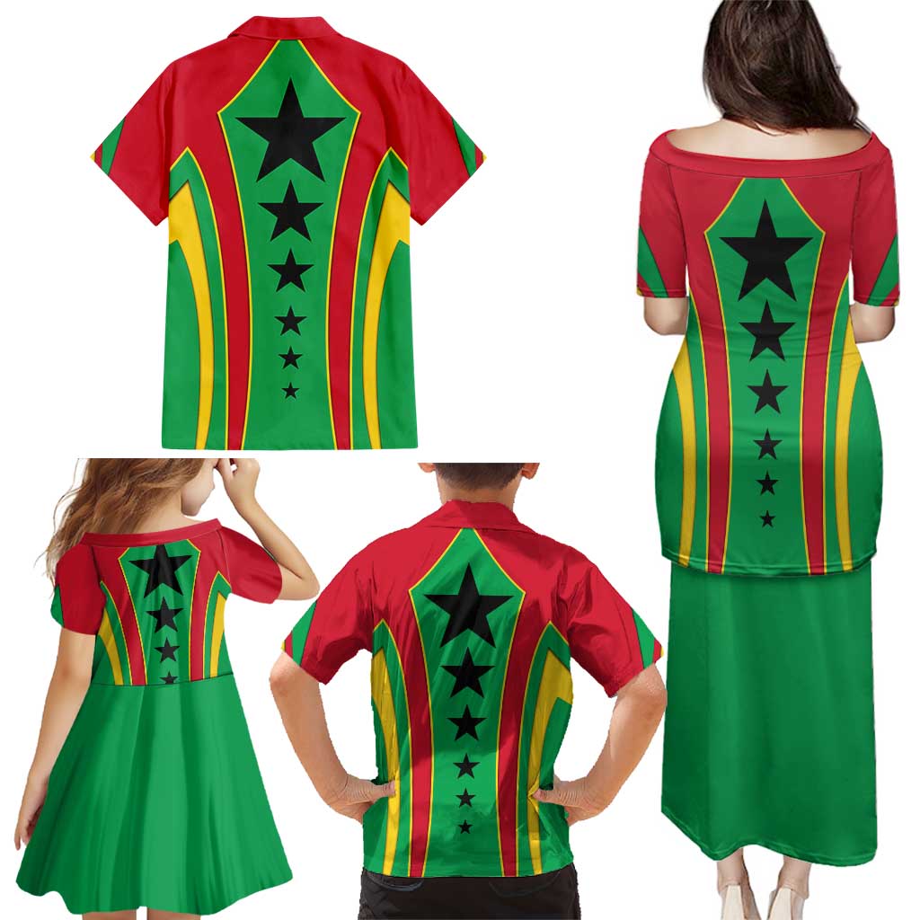 Guinea Bissau Family Matching Puletasi and Hawaiian Shirt with Red Green Yellow Stripe Design and Black Star - Wonder Print Shop