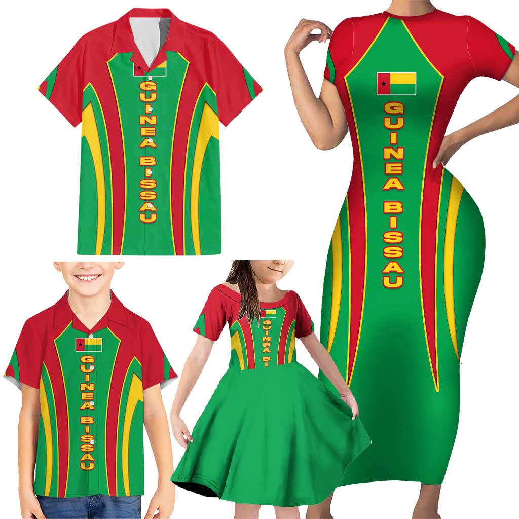 Guinea Bissau Family Matching Short Sleeve Bodycon Dress and Hawaiian Shirt with Red Green Yellow Stripe Design and Black Star - Wonder Print Shop