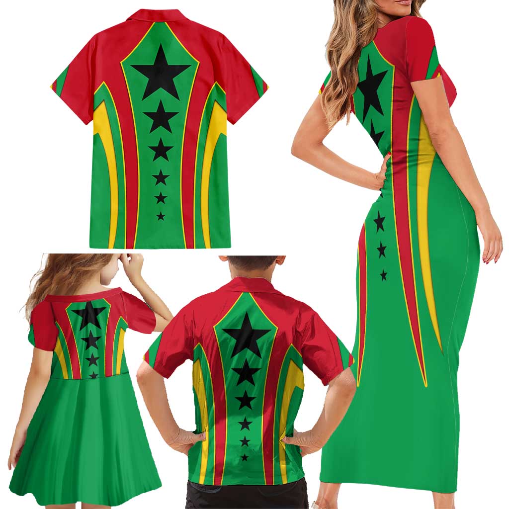 Guinea Bissau Family Matching Short Sleeve Bodycon Dress and Hawaiian Shirt with Red Green Yellow Stripe Design and Black Star - Wonder Print Shop