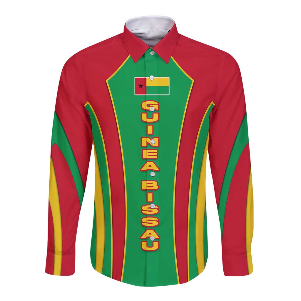 Guinea Bissau Long Sleeve Button Shirt with Red Green Yellow Stripe Design and Black Star - Wonder Print Shop