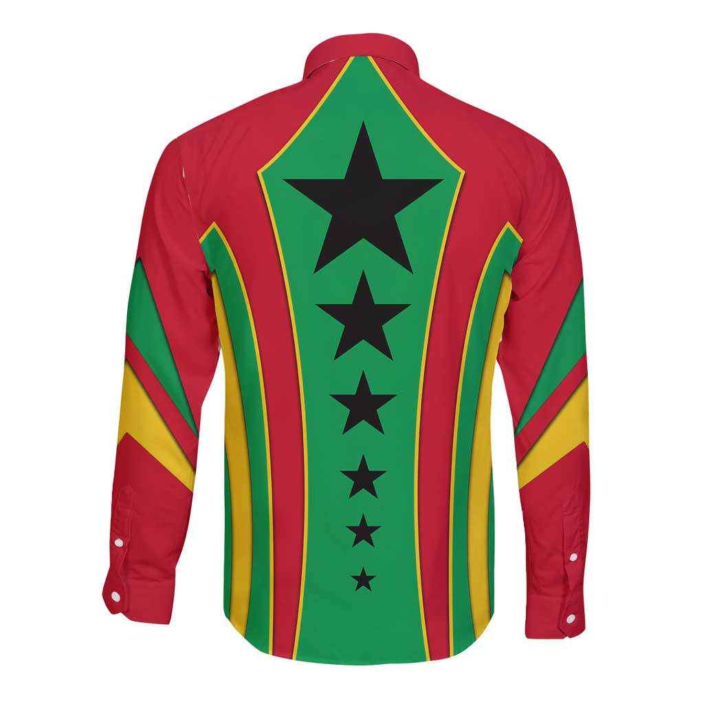 Guinea Bissau Long Sleeve Button Shirt with Red Green Yellow Stripe Design and Black Star - Wonder Print Shop