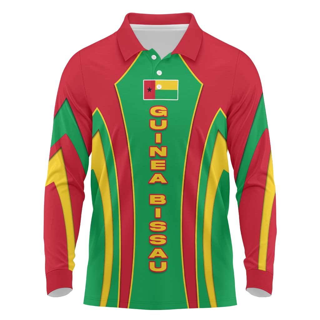 Guinea Bissau Long Sleeve Polo Shirt with Red Green Yellow Stripe Design and Black Star - Wonder Print Shop