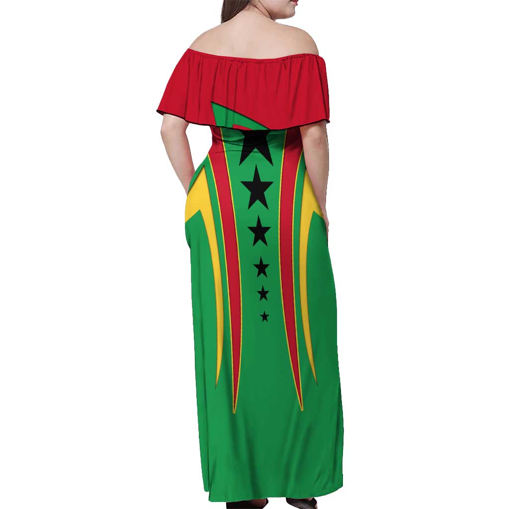Guinea Bissau Off Shoulder Maxi Dress with Red Green Yellow Stripe Design and Black Star - Wonder Print Shop