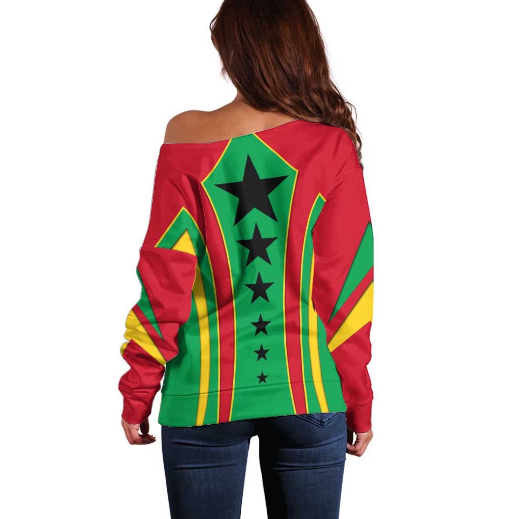 Guinea Bissau Off Shoulder Sweater with Red Green Yellow Stripe Design and Black Star - Wonder Print Shop