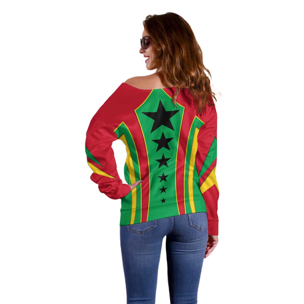 Guinea Bissau Off Shoulder Sweater with Red Green Yellow Stripe Design and Black Star - Wonder Print Shop