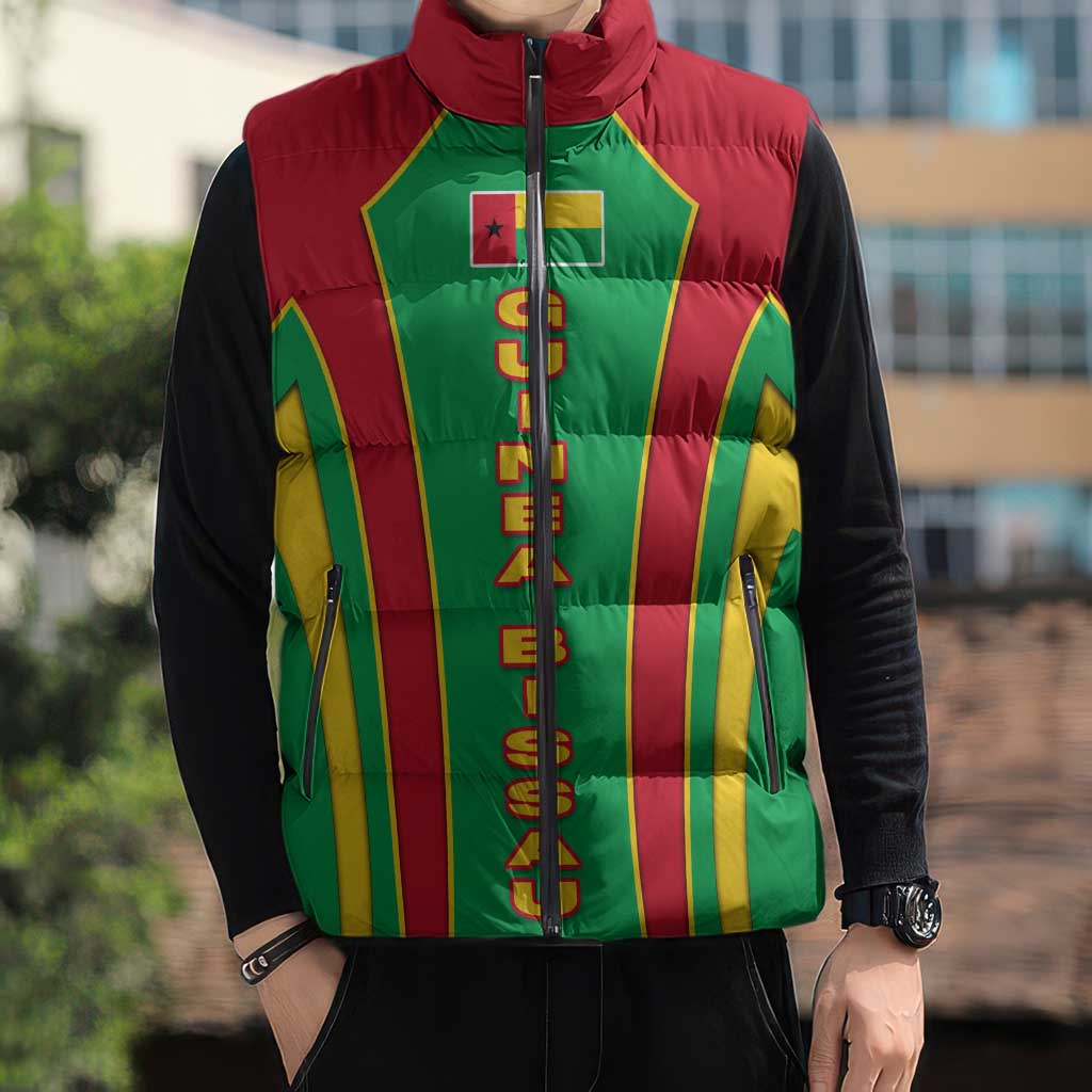 Guinea Bissau Sleeveless Puffer Jacket with Red Green Yellow Stripe Design and Black Star - Wonder Print Shop