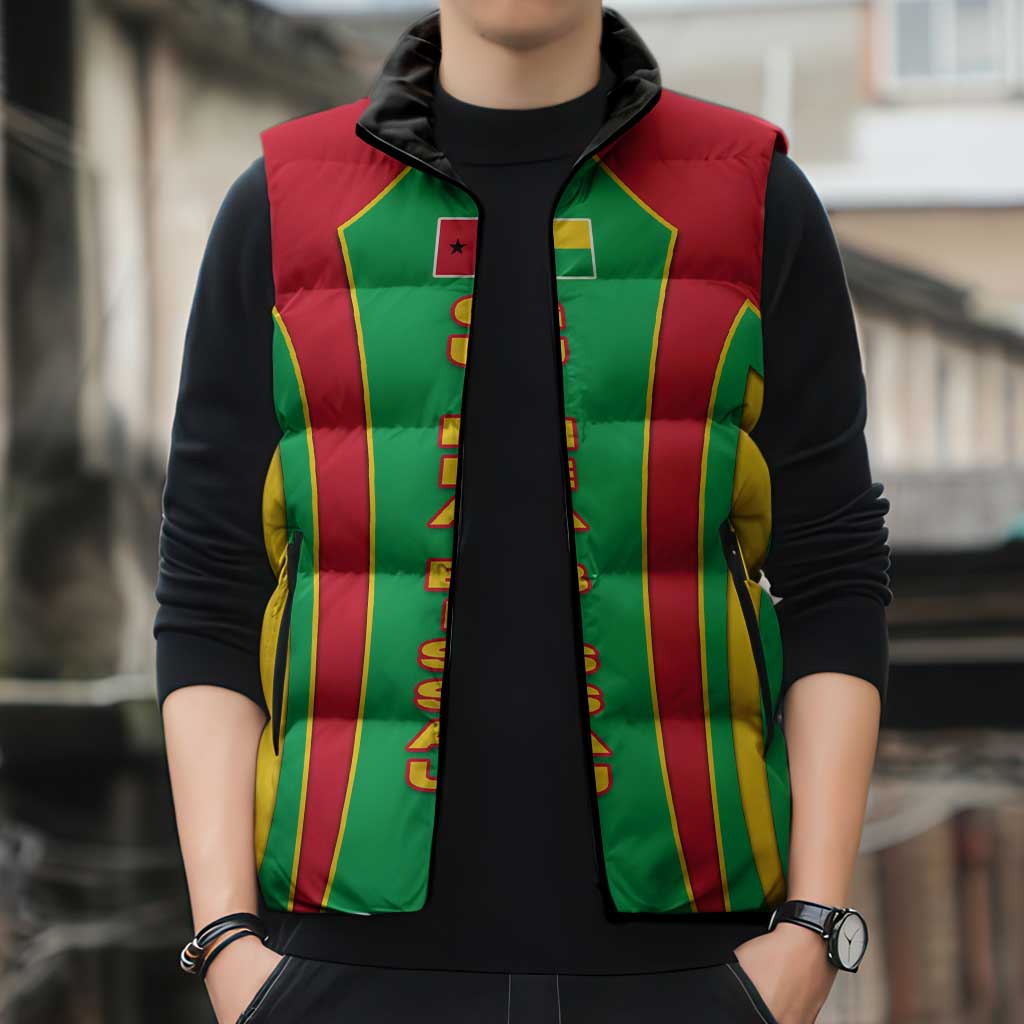 Guinea Bissau Sleeveless Puffer Jacket with Red Green Yellow Stripe Design and Black Star - Wonder Print Shop