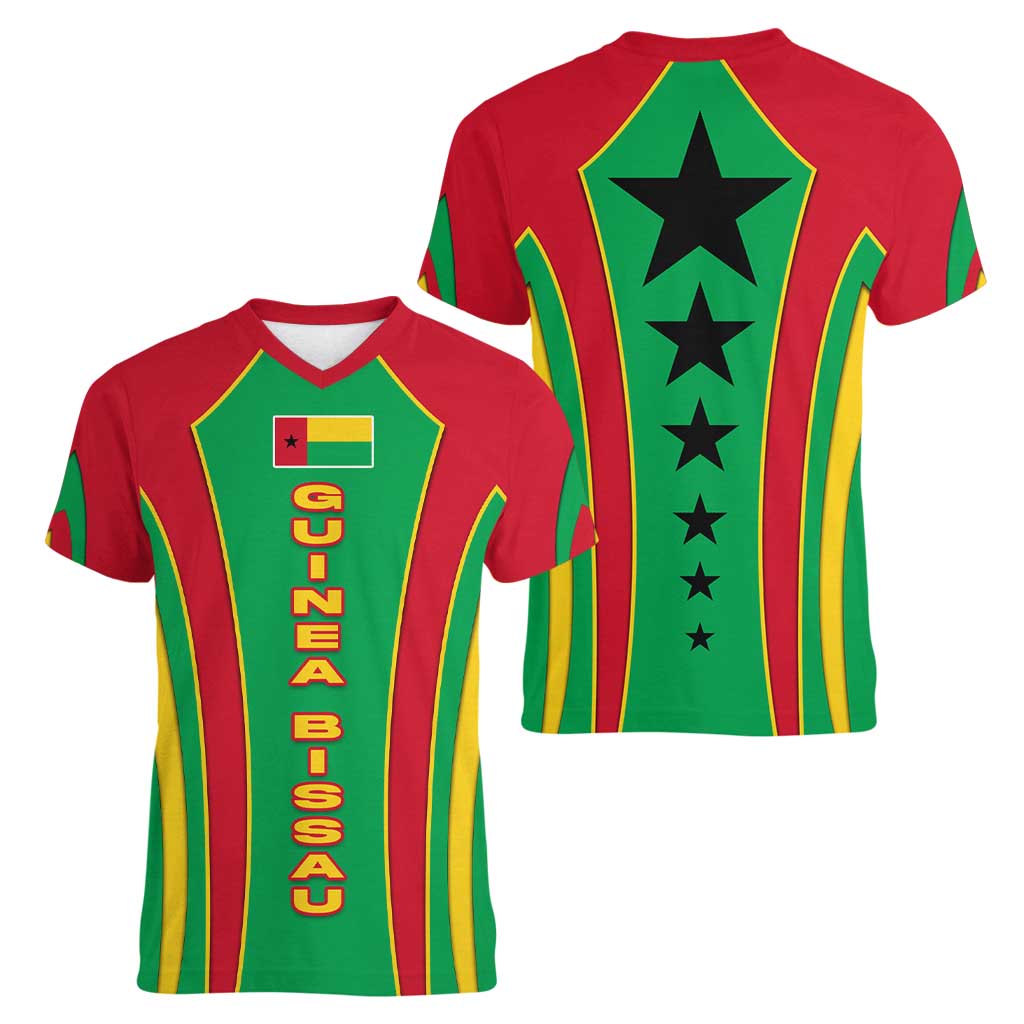 Guinea Bissau Women V-Neck T-Shirt with Red Green Yellow Stripe Design and Black Star - Wonder Print Shop