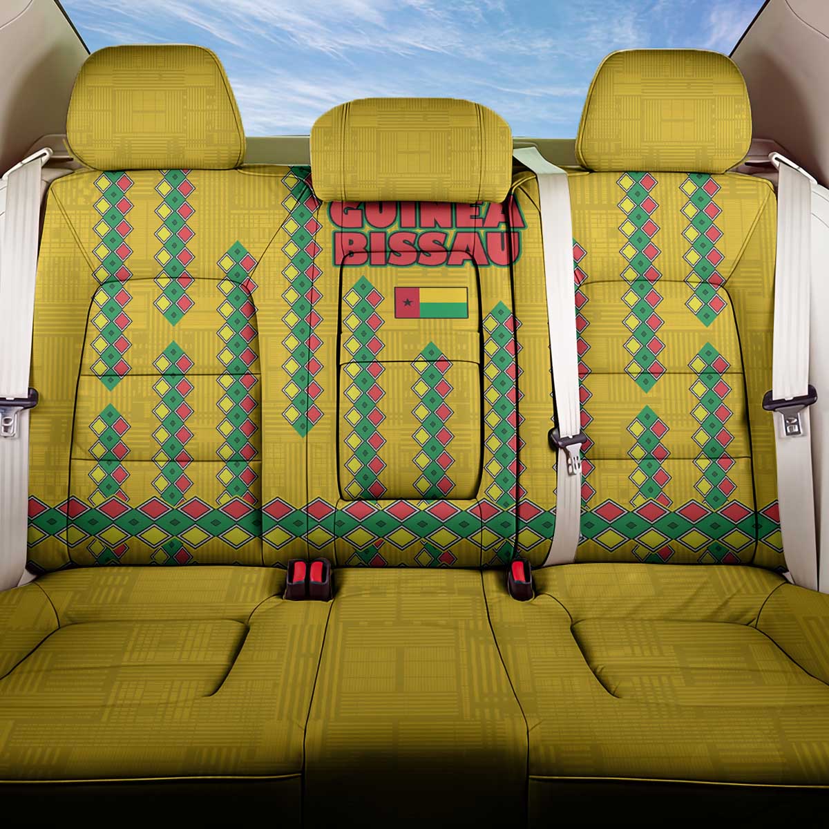 Guinea Bissau Back Car Seat Cover with Yellow Tribal Geometric Design and National Flag - Wonder Print Shop