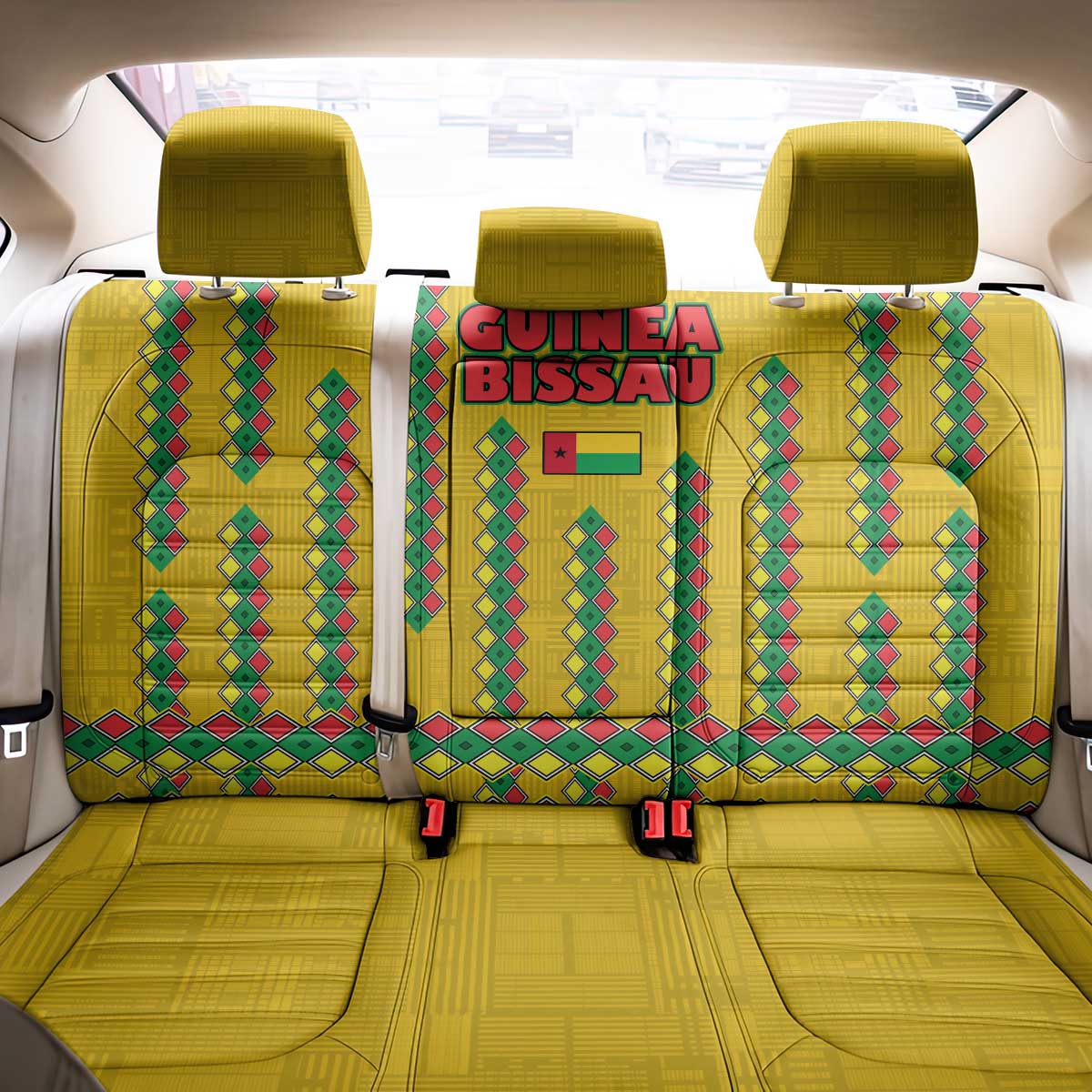 Guinea Bissau Back Car Seat Cover with Yellow Tribal Geometric Design and National Flag - Wonder Print Shop