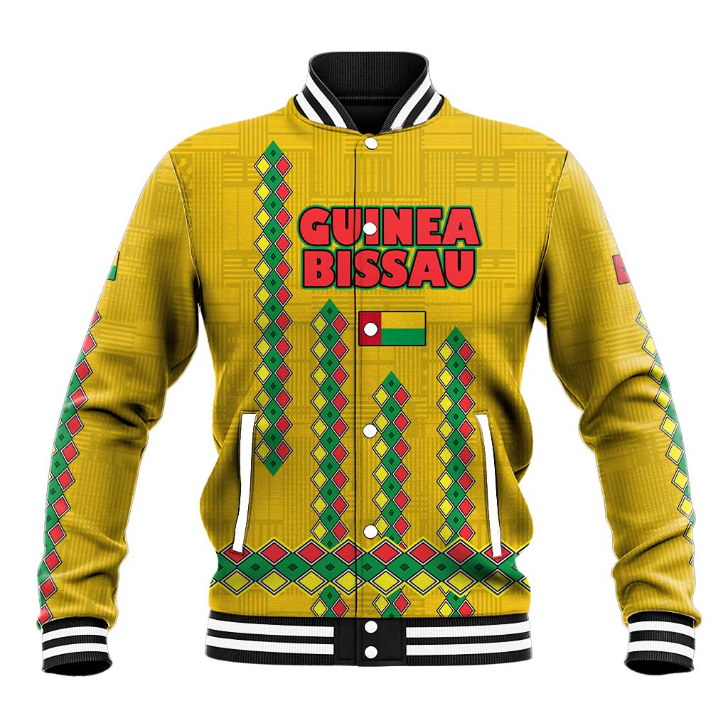Guinea Bissau Baseball Jacket with Yellow Tribal Geometric Design and National Flag - Wonder Print Shop