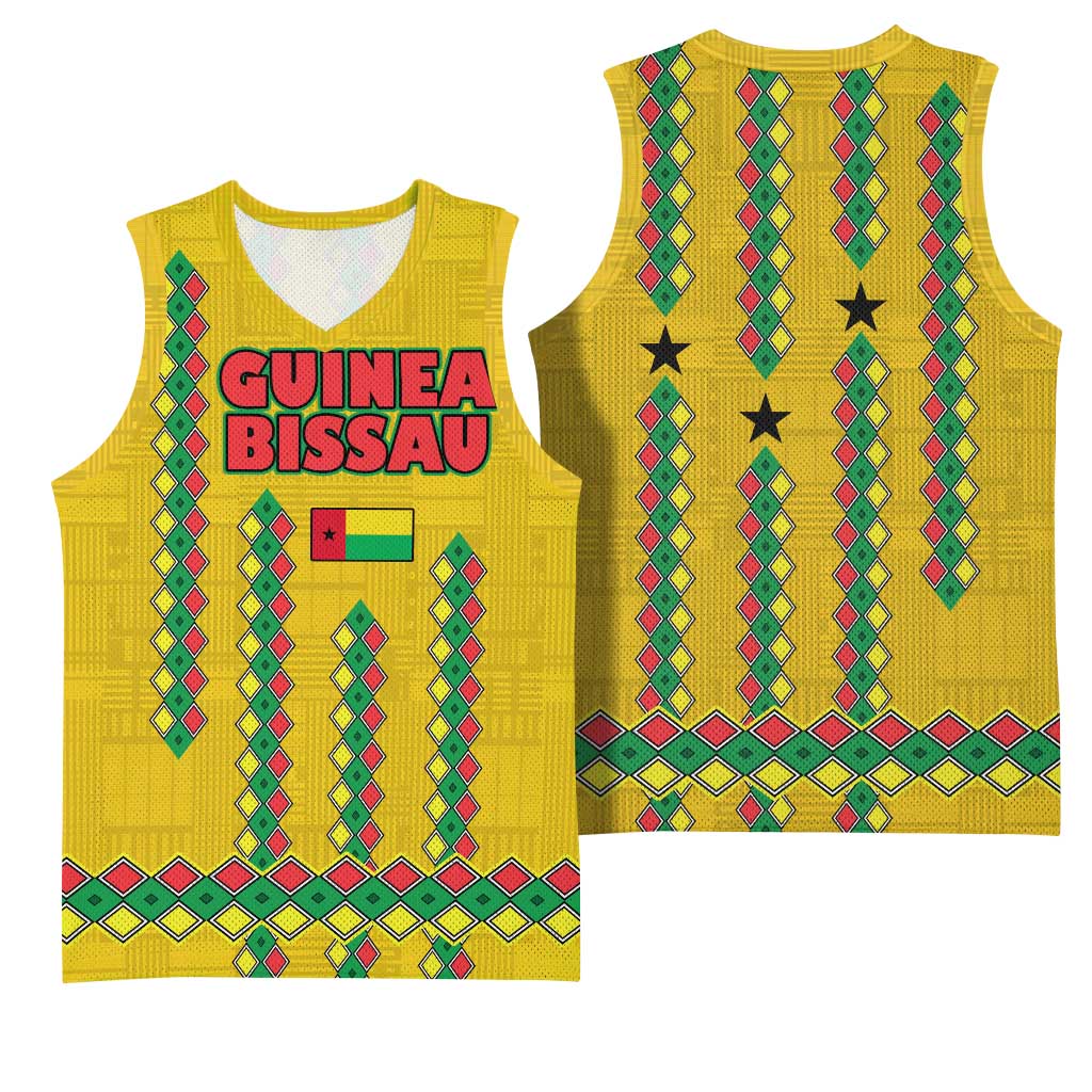 Guinea Bissau Basketball Jersey with Yellow Tribal Geometric Design and National Flag - Wonder Print Shop