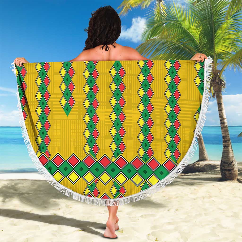 Guinea Bissau Beach Blanket with Yellow Tribal Geometric Design and National Flag - Wonder Print Shop