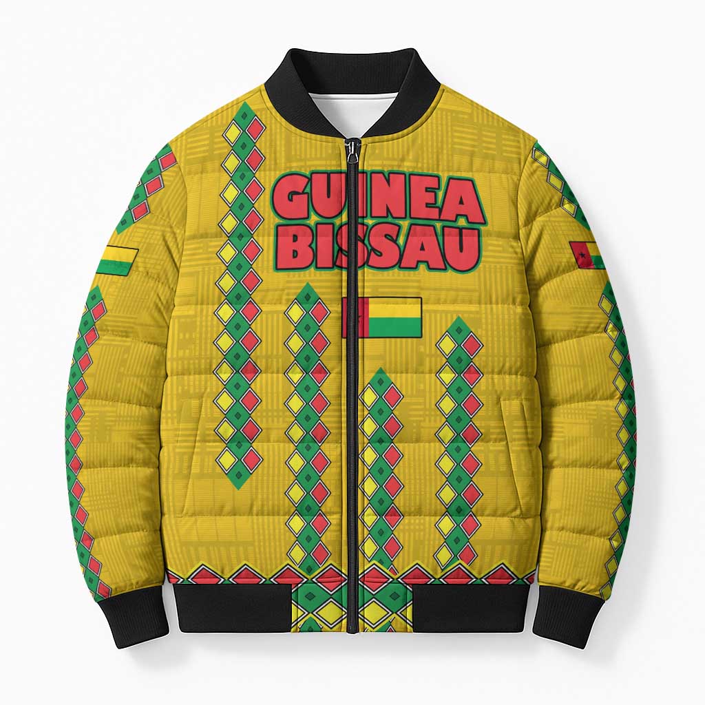 Guinea Bissau Bomber Puffer Jacket with Yellow Tribal Geometric Design and National Flag - Wonder Print Shop