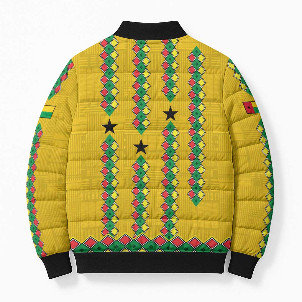 Guinea Bissau Bomber Puffer Jacket with Yellow Tribal Geometric Design and National Flag - Wonder Print Shop