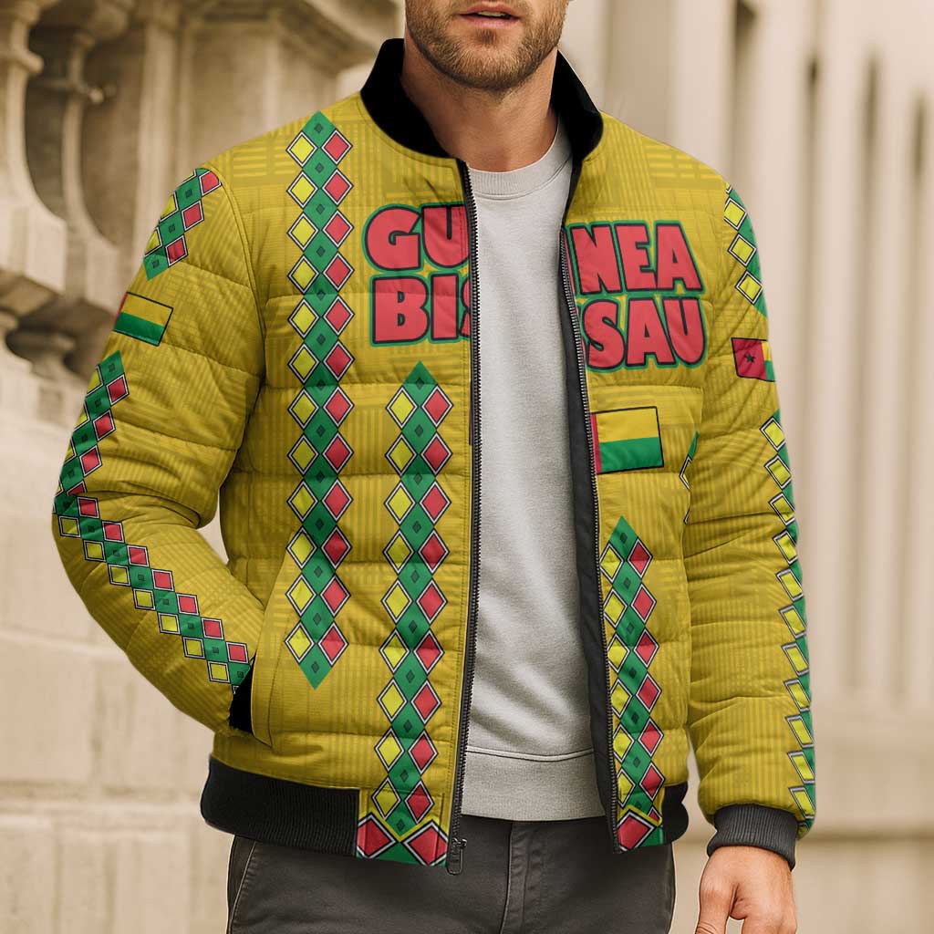 Guinea Bissau Bomber Puffer Jacket with Yellow Tribal Geometric Design and National Flag - Wonder Print Shop