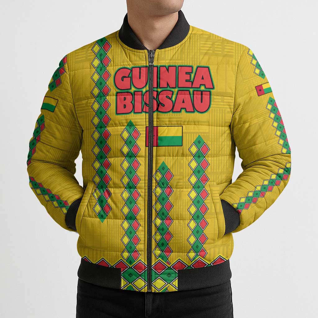 Guinea Bissau Bomber Puffer Jacket with Yellow Tribal Geometric Design and National Flag - Wonder Print Shop