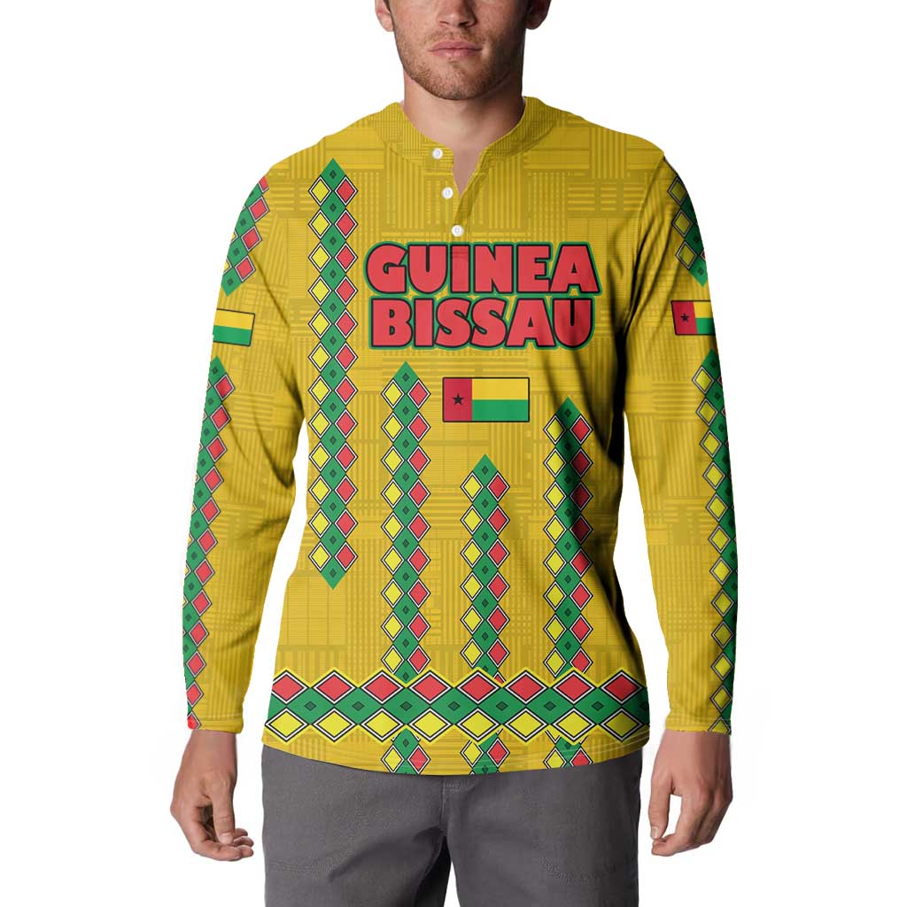 Guinea Bissau Button Sweatshirt with Yellow Tribal Geometric Design and National Flag - Wonder Print Shop