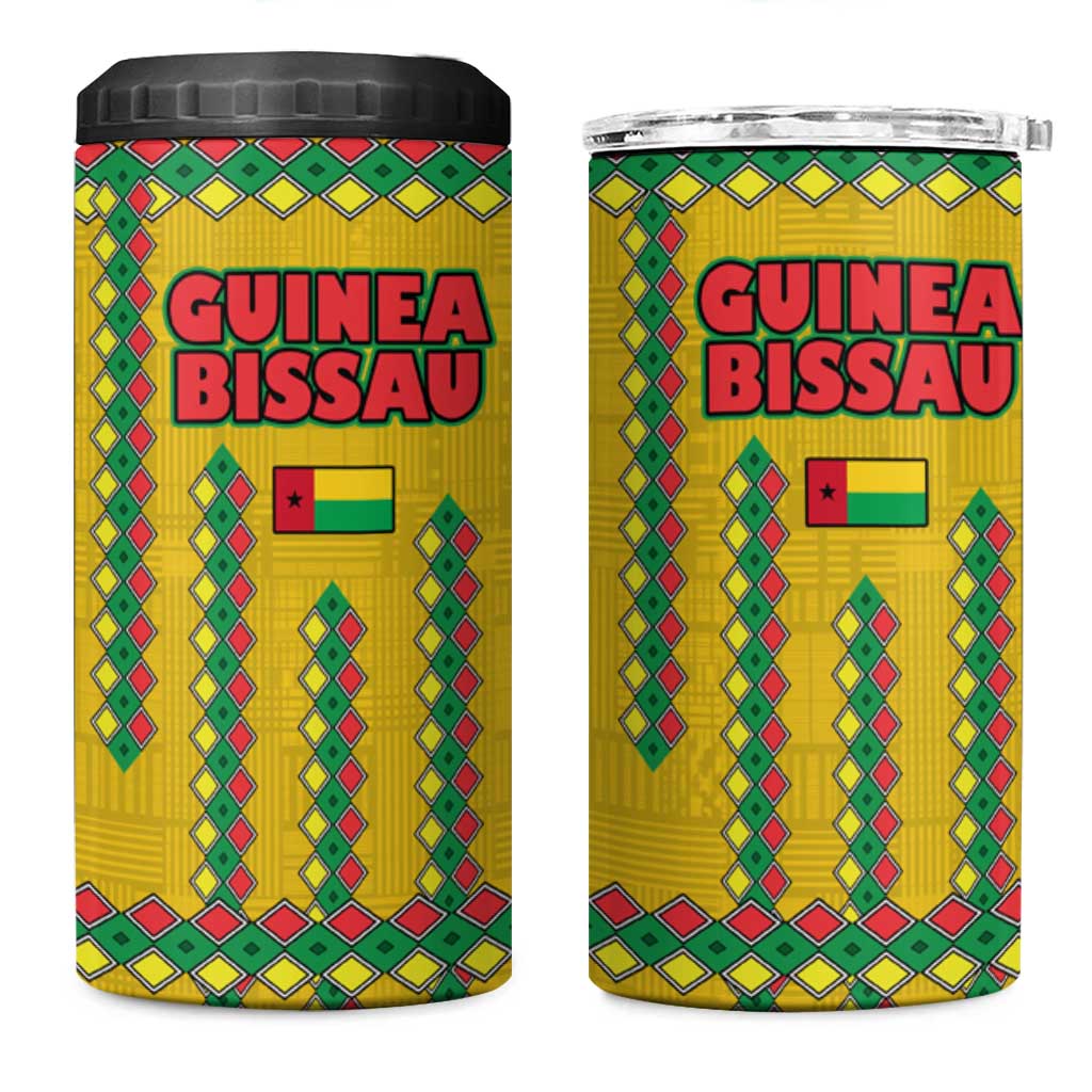 Guinea Bissau 4 in 1 Can Cooler Tumbler with Yellow Tribal Geometric Design and National Flag - Wonder Print Shop