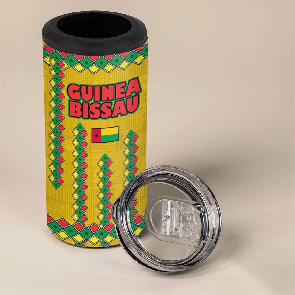 Guinea Bissau 4 in 1 Can Cooler Tumbler with Yellow Tribal Geometric Design and National Flag - Wonder Print Shop