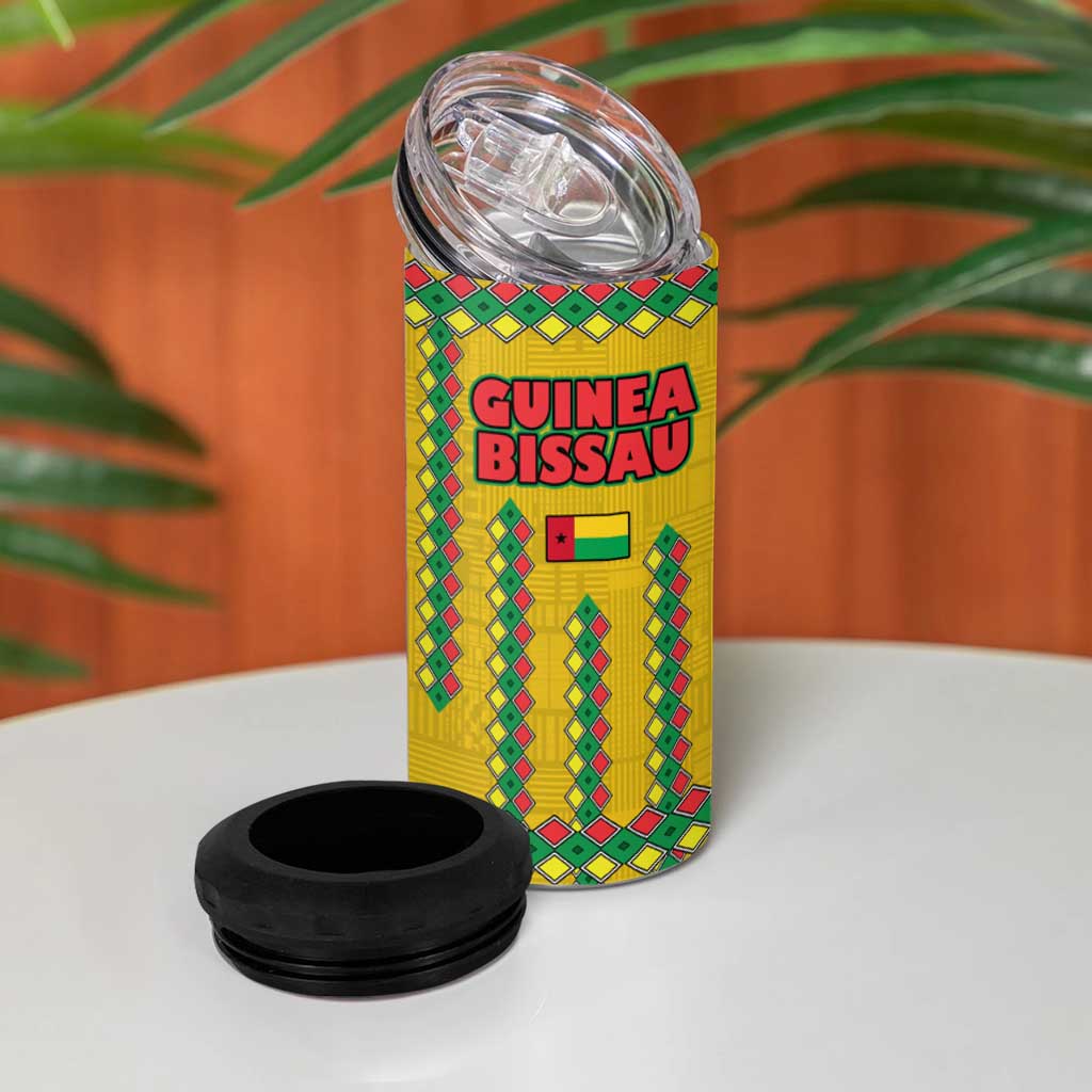 Guinea Bissau 4 in 1 Can Cooler Tumbler with Yellow Tribal Geometric Design and National Flag - Wonder Print Shop