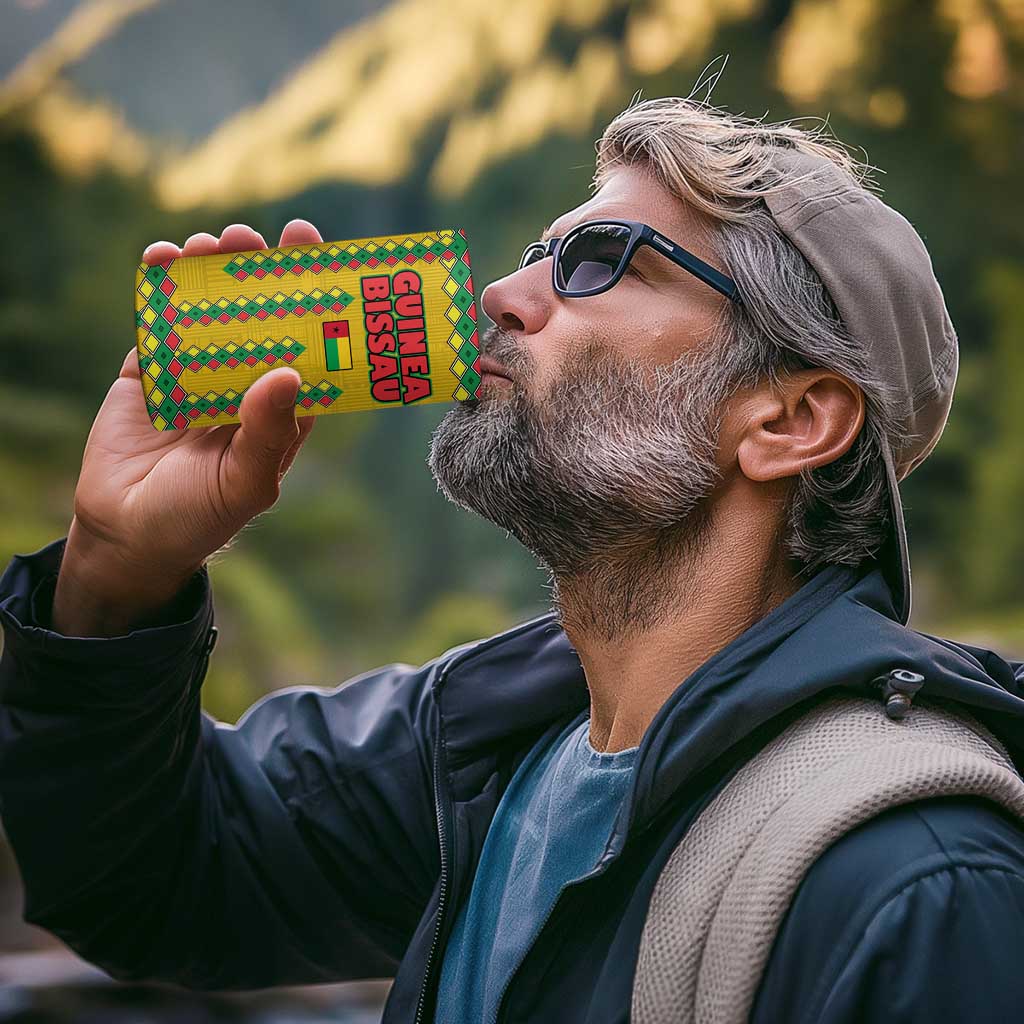Guinea Bissau 4 in 1 Can Cooler Tumbler with Yellow Tribal Geometric Design and National Flag - Wonder Print Shop
