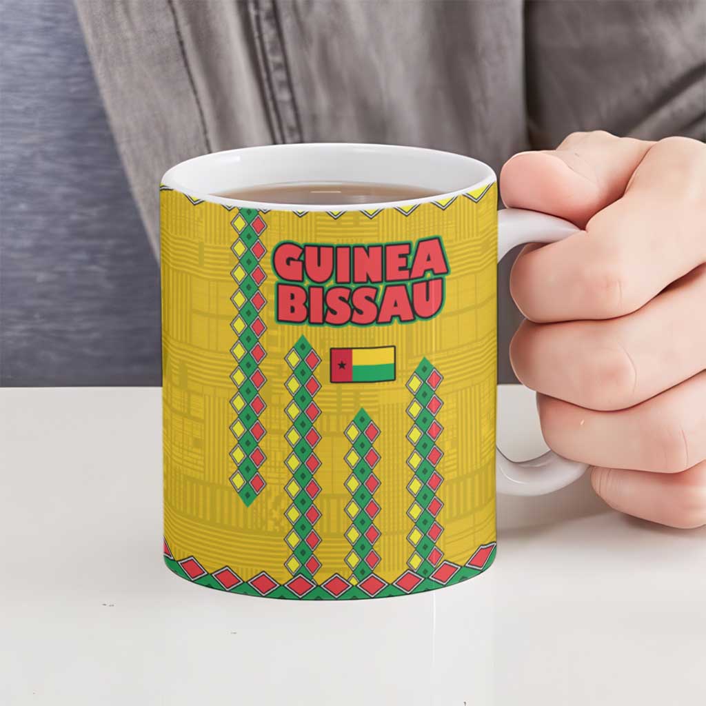 Guinea Bissau Ceramic Mug with Yellow Tribal Geometric Design and National Flag - Wonder Print Shop