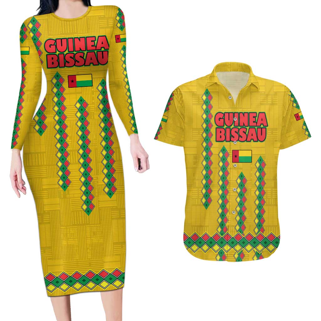 Guinea Bissau Couples Matching Long Sleeve Bodycon Dress and Hawaiian Shirt with Yellow Tribal Geometric Design and National Flag - Wonder Print Shop