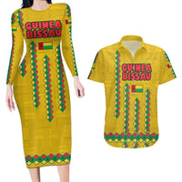 Guinea Bissau Couples Matching Long Sleeve Bodycon Dress and Hawaiian Shirt with Yellow Tribal Geometric Design and National Flag - Wonder Print Shop