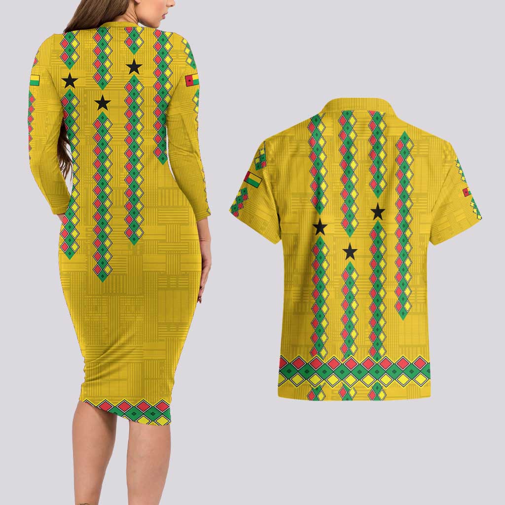 Guinea Bissau Couples Matching Long Sleeve Bodycon Dress and Hawaiian Shirt with Yellow Tribal Geometric Design and National Flag - Wonder Print Shop