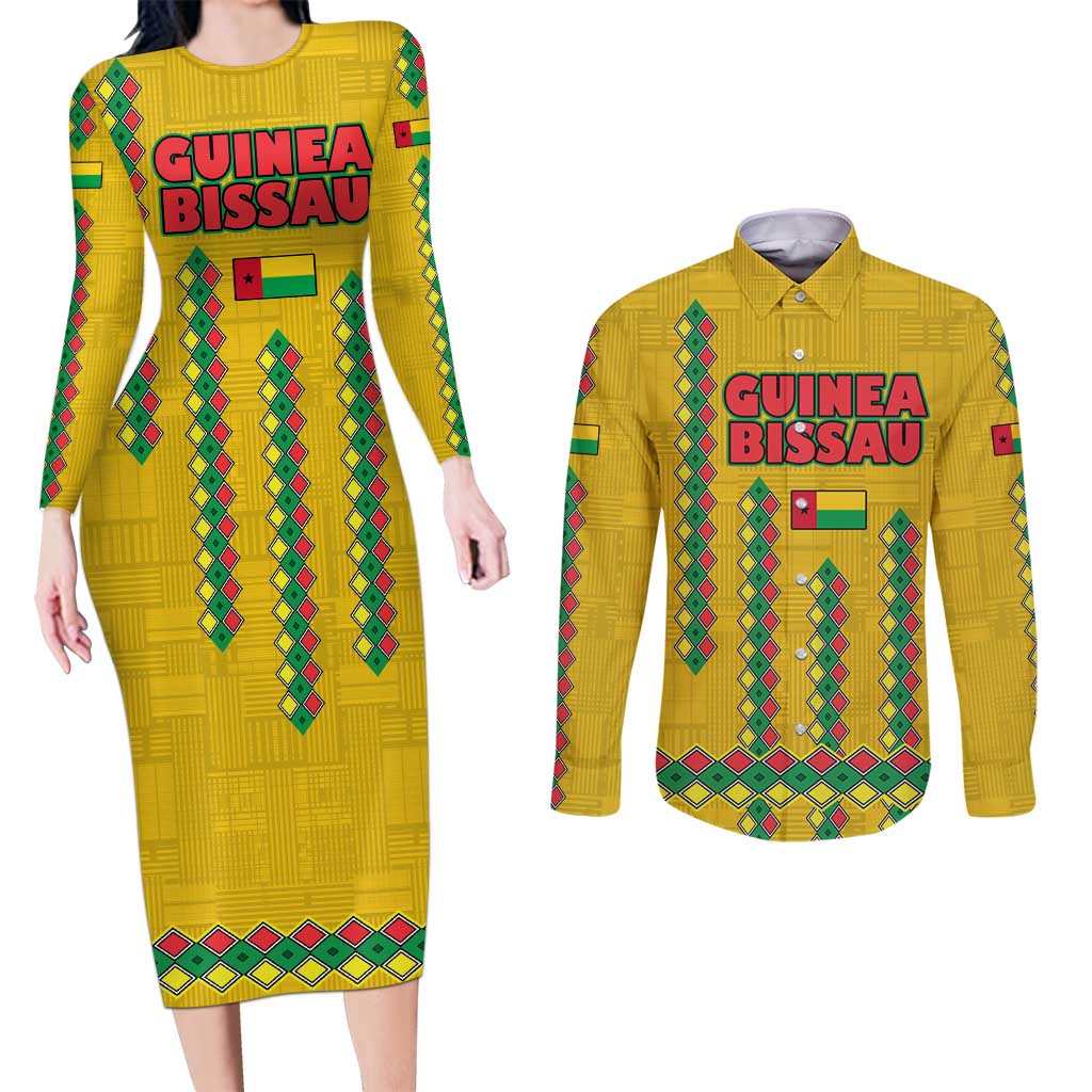 Guinea Bissau Couples Matching Long Sleeve Bodycon Dress and Long Sleeve Button Shirt with Yellow Tribal Geometric Design and National Flag - Wonder Print Shop