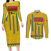 Guinea Bissau Couples Matching Long Sleeve Bodycon Dress and Long Sleeve Button Shirt with Yellow Tribal Geometric Design and National Flag - Wonder Print Shop