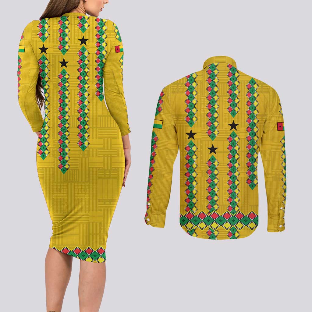 Guinea Bissau Couples Matching Long Sleeve Bodycon Dress and Long Sleeve Button Shirt with Yellow Tribal Geometric Design and National Flag - Wonder Print Shop