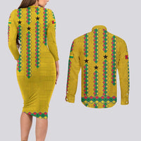 Guinea Bissau Couples Matching Long Sleeve Bodycon Dress and Long Sleeve Button Shirt with Yellow Tribal Geometric Design and National Flag - Wonder Print Shop