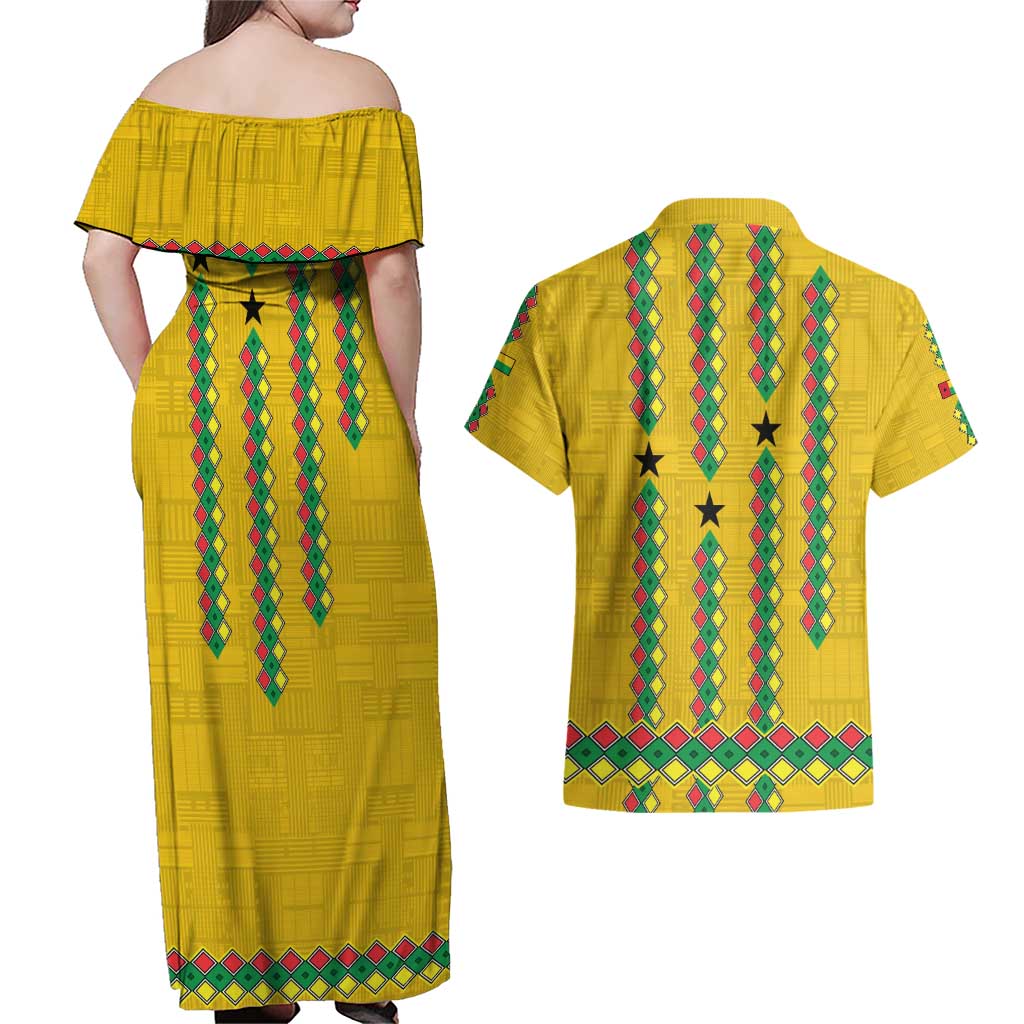 Guinea Bissau Couples Matching Off Shoulder Maxi Dress and Hawaiian Shirt with Yellow Tribal Geometric Design and National Flag - Wonder Print Shop