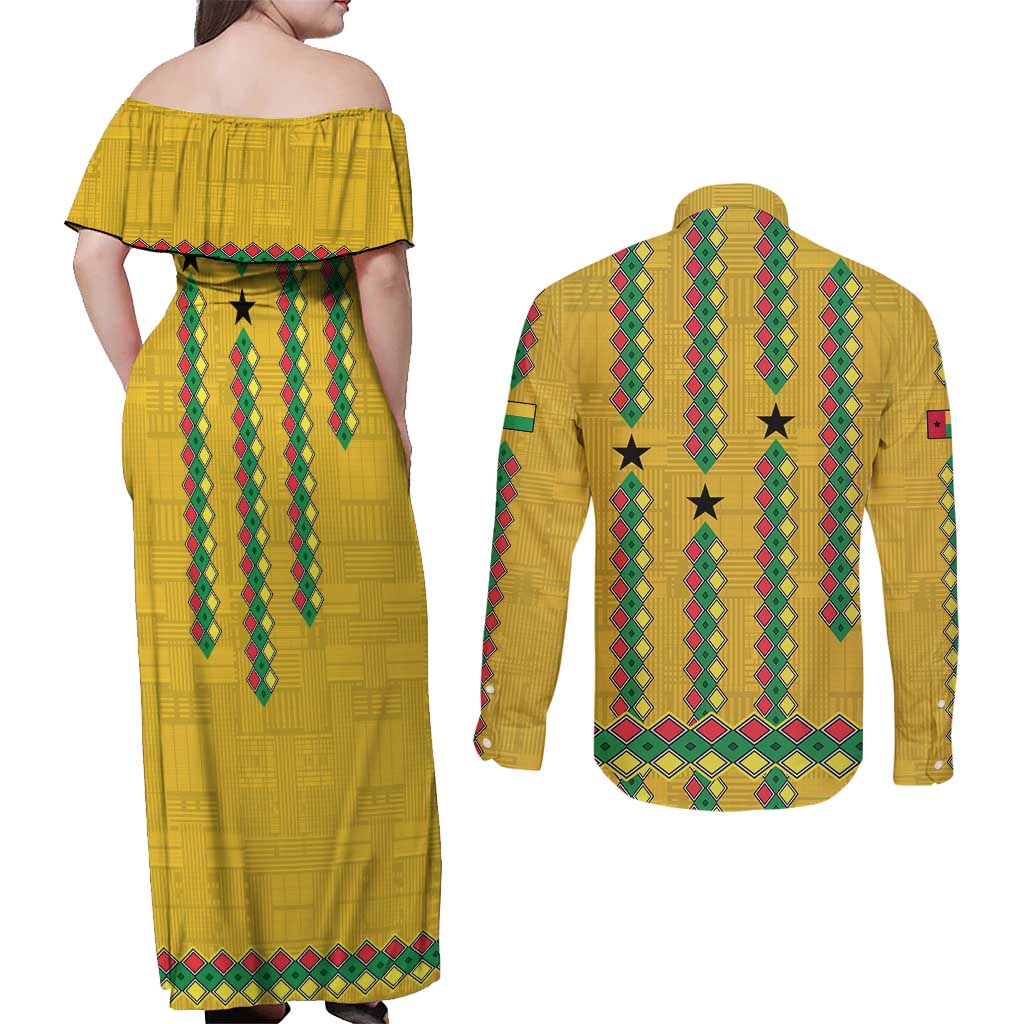 Guinea Bissau Couples Matching Off Shoulder Maxi Dress and Long Sleeve Button Shirt with Yellow Tribal Geometric Design and National Flag - Wonder Print Shop