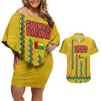Guinea Bissau Couples Matching Off Shoulder Short Dress and Hawaiian Shirt with Yellow Tribal Geometric Design and National Flag - Wonder Print Shop