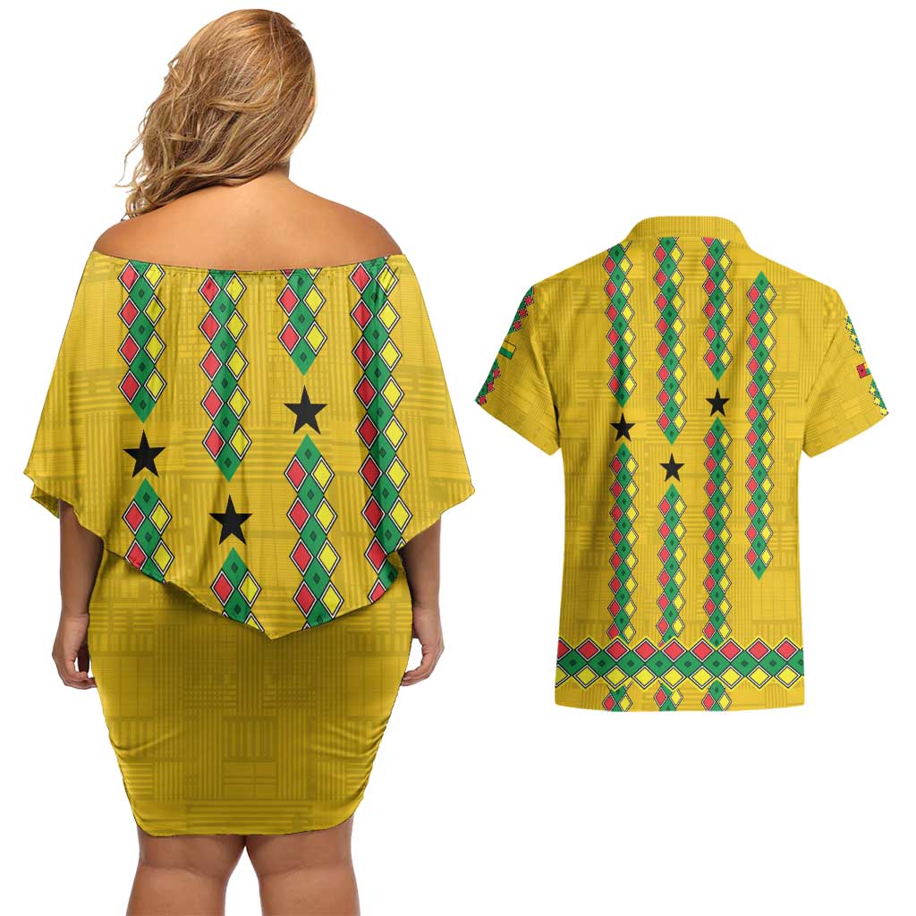 Guinea Bissau Couples Matching Off Shoulder Short Dress and Hawaiian Shirt with Yellow Tribal Geometric Design and National Flag - Wonder Print Shop