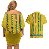 Guinea Bissau Couples Matching Off Shoulder Short Dress and Hawaiian Shirt with Yellow Tribal Geometric Design and National Flag - Wonder Print Shop