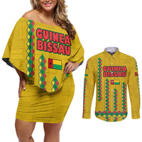 Guinea Bissau Couples Matching Off Shoulder Short Dress and Long Sleeve Button Shirt with Yellow Tribal Geometric Design and National Flag - Wonder Print Shop