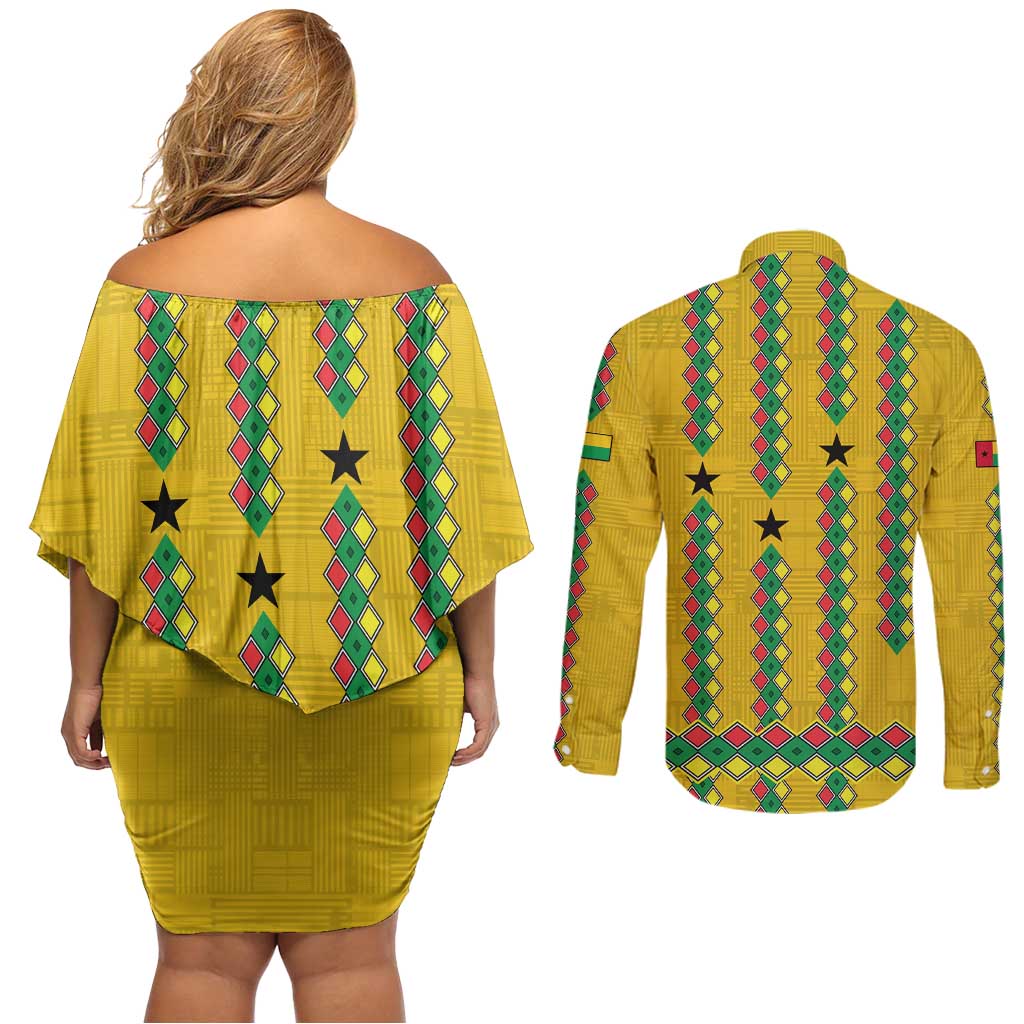 Guinea Bissau Couples Matching Off Shoulder Short Dress and Long Sleeve Button Shirt with Yellow Tribal Geometric Design and National Flag - Wonder Print Shop
