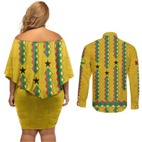 Guinea Bissau Couples Matching Off Shoulder Short Dress and Long Sleeve Button Shirt with Yellow Tribal Geometric Design and National Flag - Wonder Print Shop