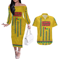Guinea Bissau Couples Matching Off The Shoulder Long Sleeve Dress and Hawaiian Shirt with Yellow Tribal Geometric Design and National Flag - Wonder Print Shop