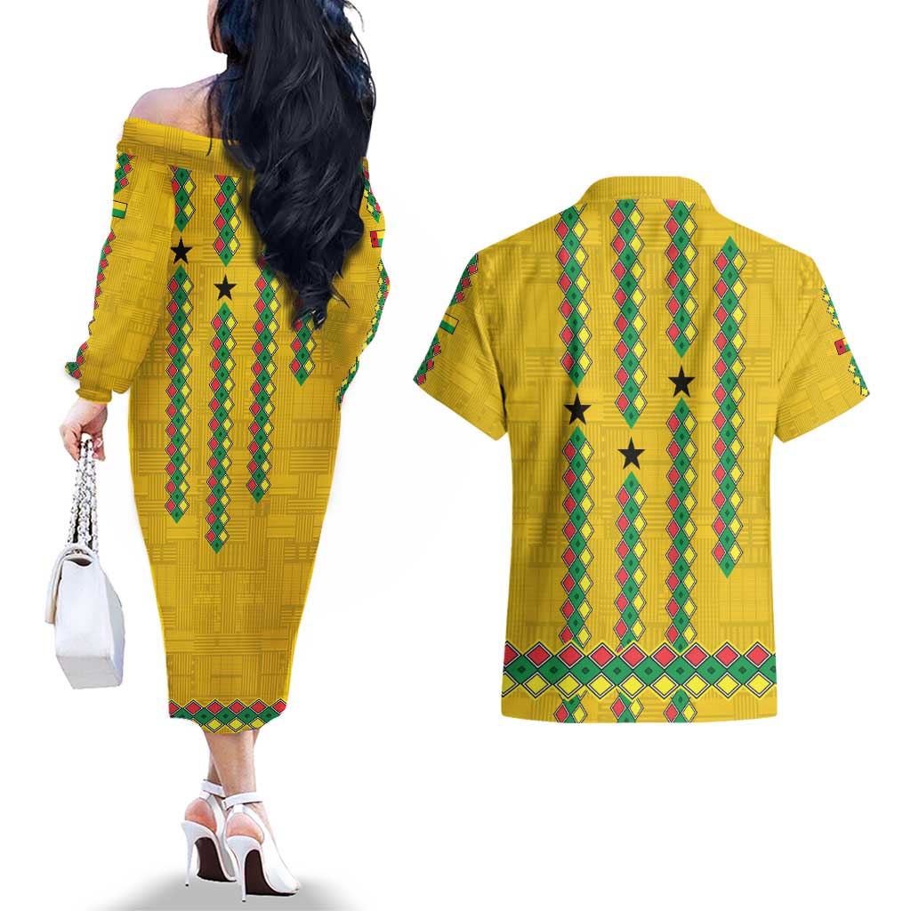 Guinea Bissau Couples Matching Off The Shoulder Long Sleeve Dress and Hawaiian Shirt with Yellow Tribal Geometric Design and National Flag - Wonder Print Shop