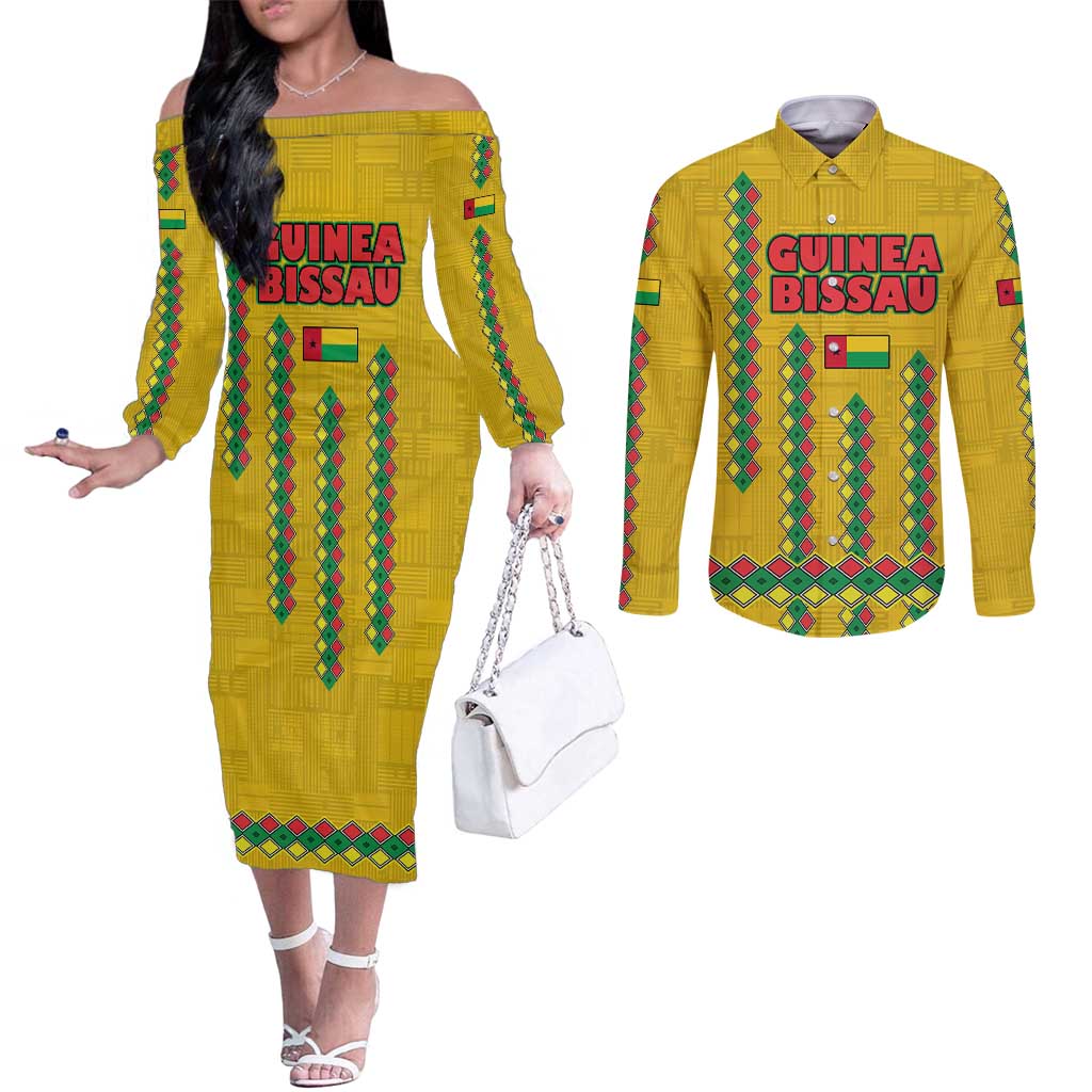 Guinea Bissau Couples Matching Off The Shoulder Long Sleeve Dress and Long Sleeve Button Shirt with Yellow Tribal Geometric Design and National Flag - Wonder Print Shop