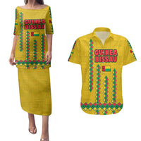 Guinea Bissau Couples Matching Puletasi and Hawaiian Shirt with Yellow Tribal Geometric Design and National Flag - Wonder Print Shop